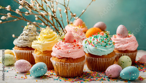 Colorful cupcakes with cream and sprinkles.