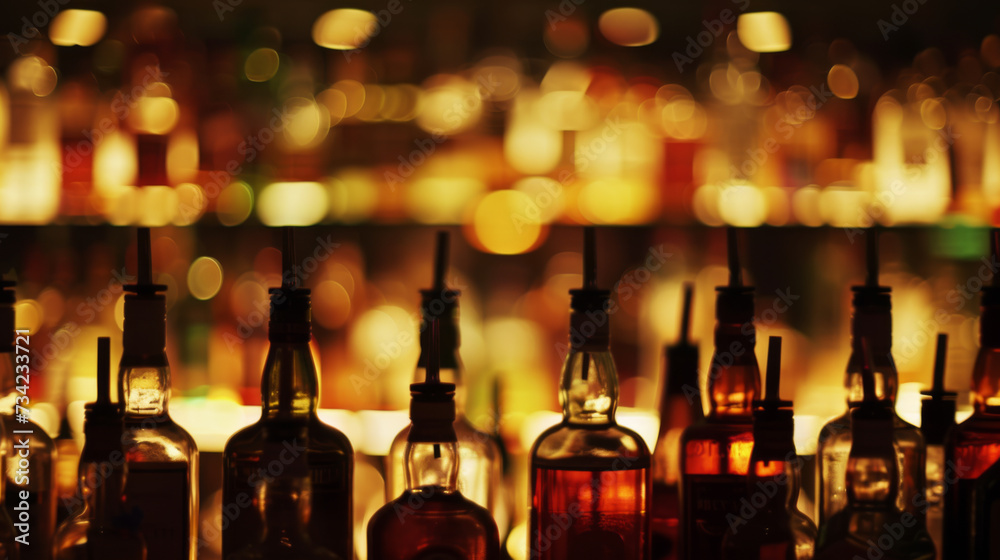 Silhouetted alcohol bottles with pour spouts against a backdrop of warm, glowing bokeh lights. Silhouetted alcohol bottles with pour spouts against a backdrop of warm, glowing bokeh lights.