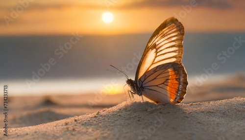 Beautiful butterfly on the sand at the sunset. photo
