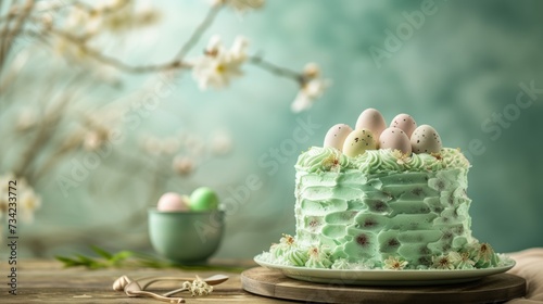 Photographie a green cake sitting on top of a wooden table next to a bowl of eggs and a branch of a blossomy tree with white flowers in the back ground