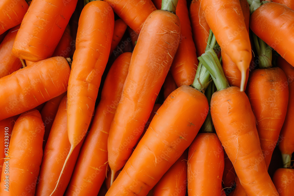 Texture background of fresh large organic orange carrots. Generative AI