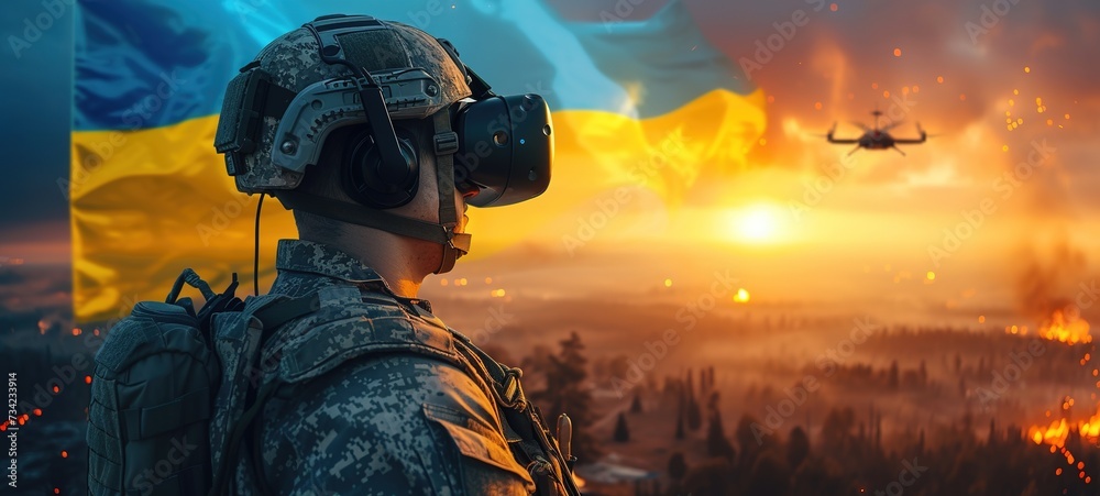 A Ukrainian military man controls and drone wearing virtual reality glasses