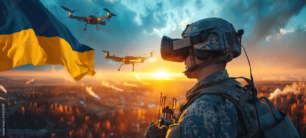 A Ukrainian military man controls and drone wearing virtual reality glasses - obrazy, fototapety, plakaty 