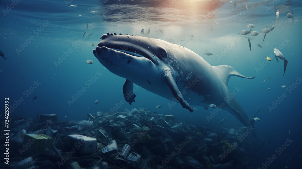 Fototapeta premium Blue whale floating among garbage in ocean. Concept plastic pollution water and human waste
