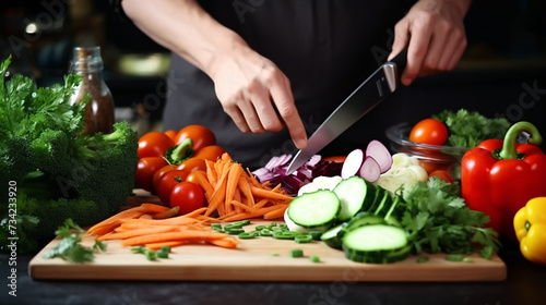 Close up of female hands cooking vegetables salad in the kitchen. Healthy food concept