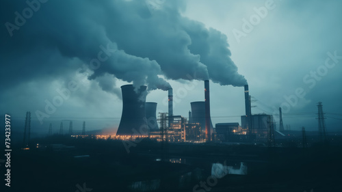 Concept industry environmental problem. Air pollution smog from power industrial factory plant chimneys smoking pipe, dramatic mood.