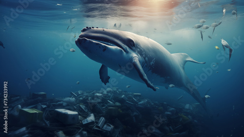 Blue whale floating among garbage in ocean. Concept plastic pollution water and human waste