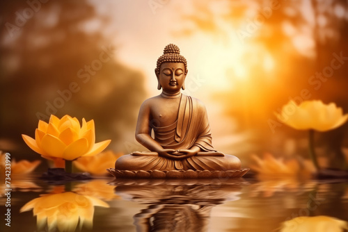 Concept statue Buddha with water lily or lotus flower, beautiful banner. Vesak day birthday, Buddhist lent.