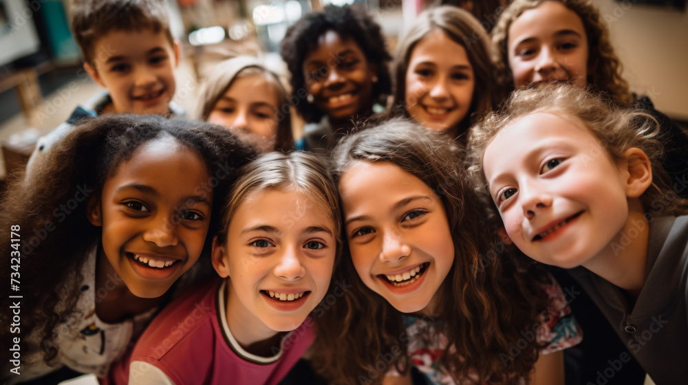 group of smiling multicultural schoolchildren looking at camera in corridor at school group of smiling multicultural schoolchildren looking at camera in corridor at school