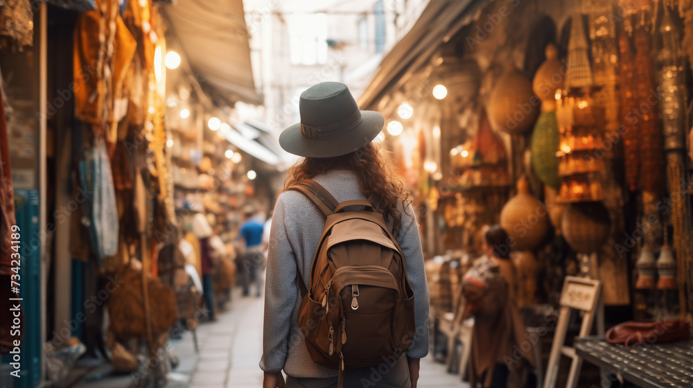 Back view Woman with backpack and hat walking down exotic market street, surrounded by vibrant stalls and lights. Concept travel tourism trip in bazaar Arab country or Egypt. Back view Woman with backpack and hat walking down exotic market street, surrounded by vibrant stalls and lights. Concept travel tourism trip in bazaar Arab country or Egypt.