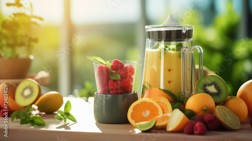 Sunlit kitchen scene with blender surrounded by array of fresh fruits for smoothie panorama. Concept banner health vegetarian diet.