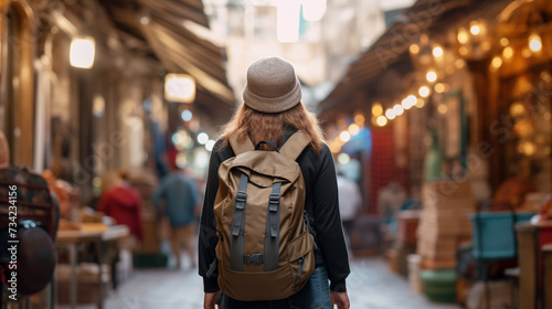 Young traveler with backpack wanders through bustling market street, absorbed in local culture. Concept travel tourism trip in bazaar Arab country or Egypt.