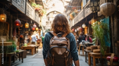 Young traveler with backpack wanders through bustling market street  absorbed in local culture. Concept travel tourism trip in bazaar Arab country or Egypt.