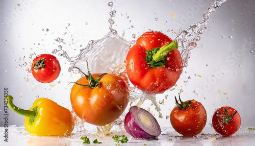 Flying tomatos, peppers and onions with water splashes