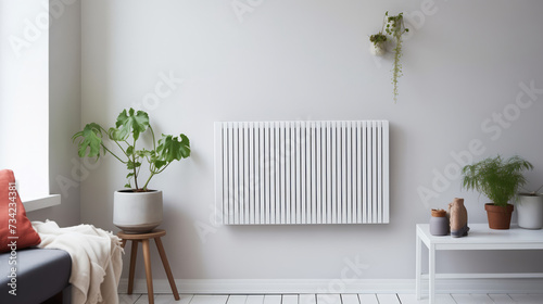 Minimalistic wall-mounted radiator for warmth integrated into interior Cozy skandy living room with sleek black sofa and clean white walls adorned with plants. photo