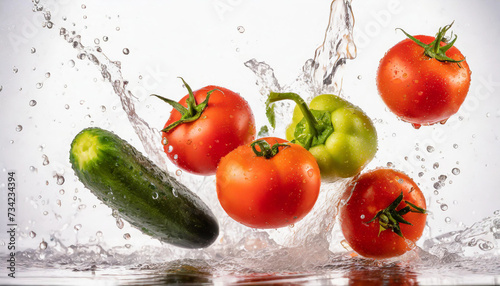 Flying tomatos, peppers and cucumbers  with water splashes
