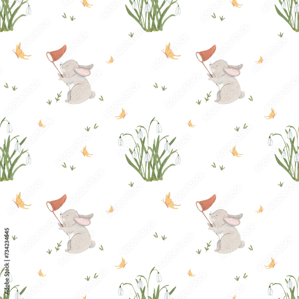 Watercolor snowdrops with bunny catch butterfy seamless pattern - hand drawn illustration on white background. Floral greenery surface design. Botanical flowers. Design fabric, wrapping paper.