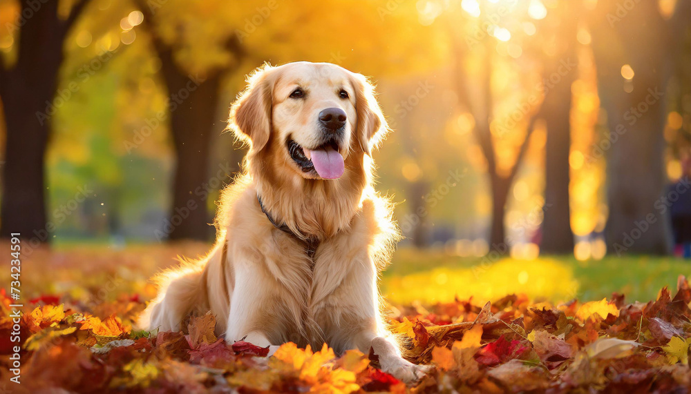 Happy golden retriever dog siting on the autumn leaves in a park at sunset .