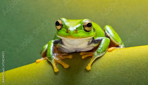 Green frog on the branch on green background.. 
