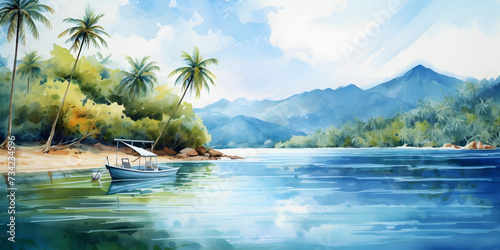Watercolor illustration of sailboat floating on blue ocean near tropical island with palm trees photo