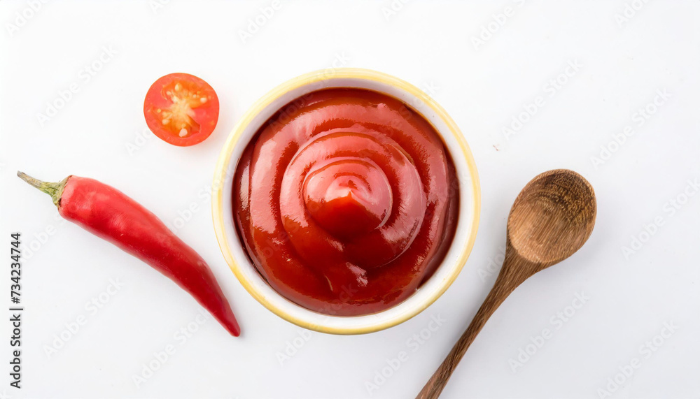 Red hot chili pepper and ketchup on white background.