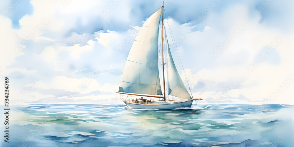 Watercolor illustration of sailboat floating on blue ocean water with blue sky at day light 