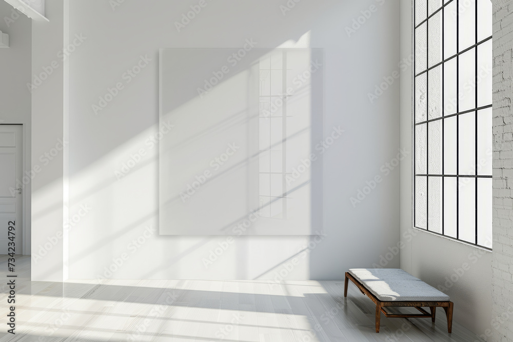 Fototapeta premium Blank transparent glass signboard on wall mockup. Empty hanging plexiglass name plate mockup. Clear namesign on wall for corporate or store. Generative AI illustration. Generative AI