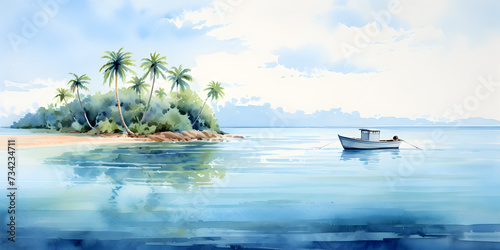 Watercolor illustration of sailboat floating on blue ocean near tropical island with palm trees