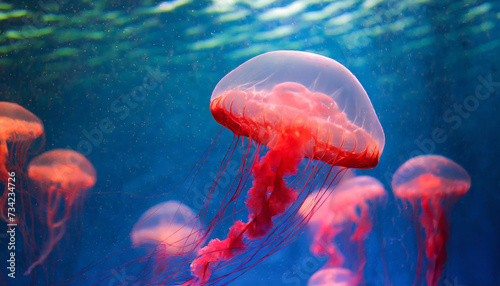  Jellyfish in the blue water.  Underwater life background..    Jellyfish wallpaper.