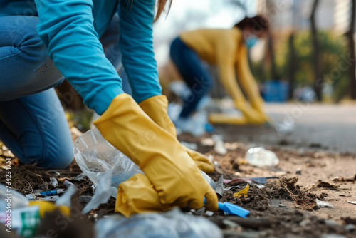 Closeup of volunteer group cleaning up litter in natural environments. Generative AI