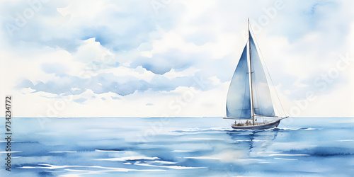 Watercolor illustration of sailboat floating on blue ocean water with blue sky at day light 