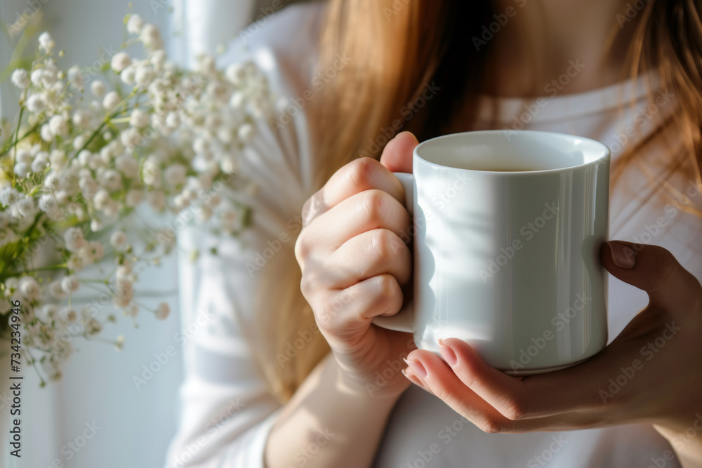 Female hands with a mug of beverage. Young woman holding cup of tea or coffee in the morning sunlight. Generative AI Female hands with a mug of beverage. Young woman holding cup of tea or coffee in the morning sunlight. Generative AI