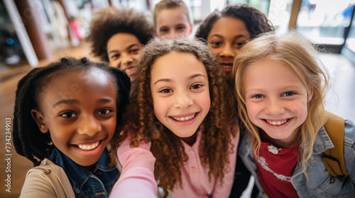 high angle view of smiling multicultural schoolchildren taking selfie together in corridor © Argun Stock Photos