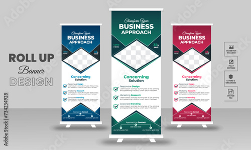 Creative roll up stand retractable banner for business events, marketing presentations, pull up banners for x stands with print ready design template.