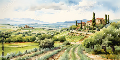 Watercolor illustration landscape view of Italian Tuscany countryside panorama with olive trees, old farmhouses