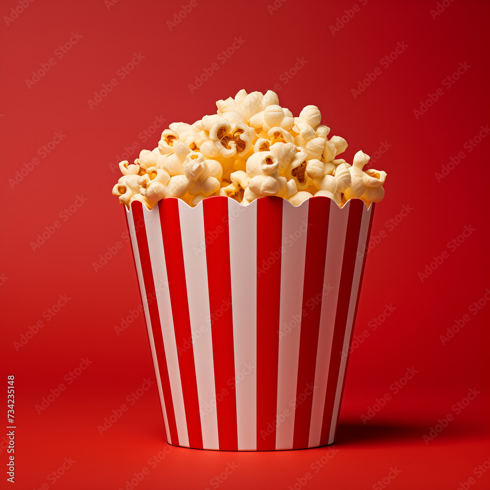popcorn in a striped cup on a red background