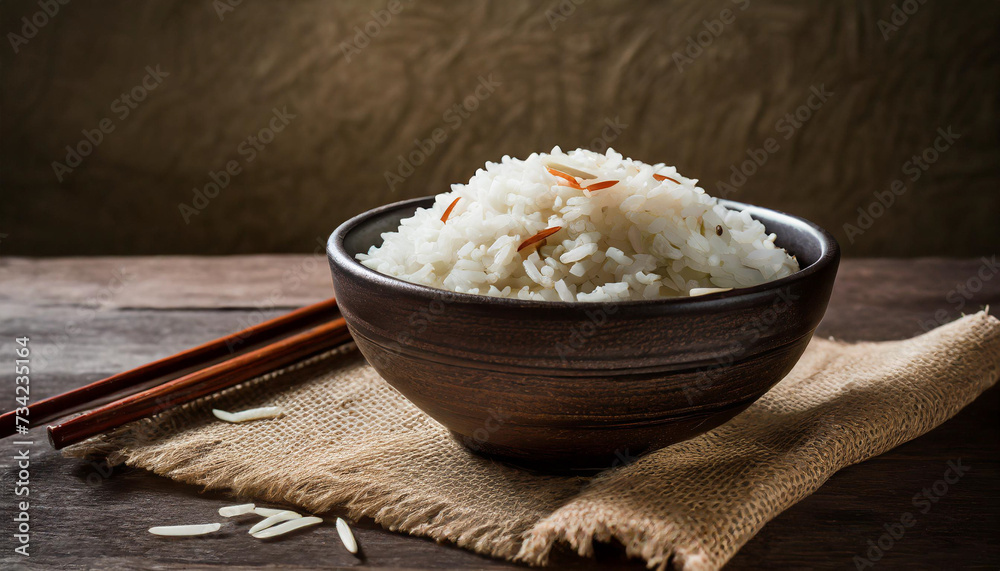 Rice on bowl and chopsticks with canvas background. Rice on bowl and chopsticks with canvas background.