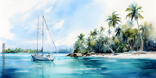 Watercolor illustration of sailboat floating on blue ocean near tropical island with palm trees © TatjanaMeininger