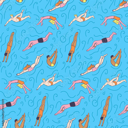 Seamless pattern with human bodies diving in water. Fitness and healthy lifestyle concept. Flat hand drawn male and female silhouettes. Trendy print design for textile, wallpaper, wrapping, background