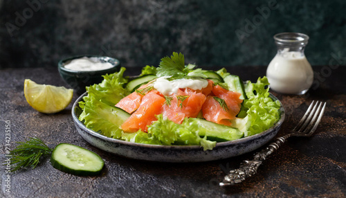 Salted salmon salad with fresh green lettuce, cucumbers and sour cream.
