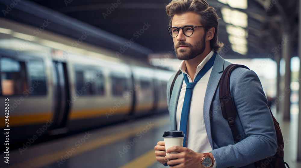 Naklejka premium Handsome young man in casual clothes is holding a cup of coffee and looking away while waiting for the train at the station