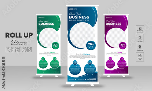 Creative roll up stand retractable banner for business events, marketing presentations, pull up banners for x stands with print ready design template.