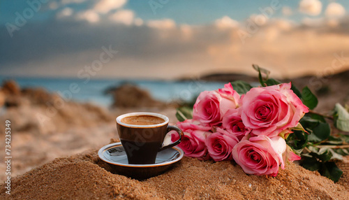Turkis coffee on sand and a bouquet of pink roses, photo