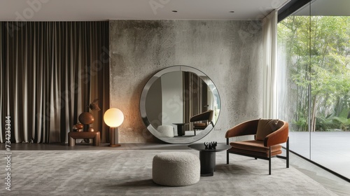  a living room with a round mirror on the wall and a chair in the middle of the room with a round mirror on the wall and a stool in front of the room. © Olga