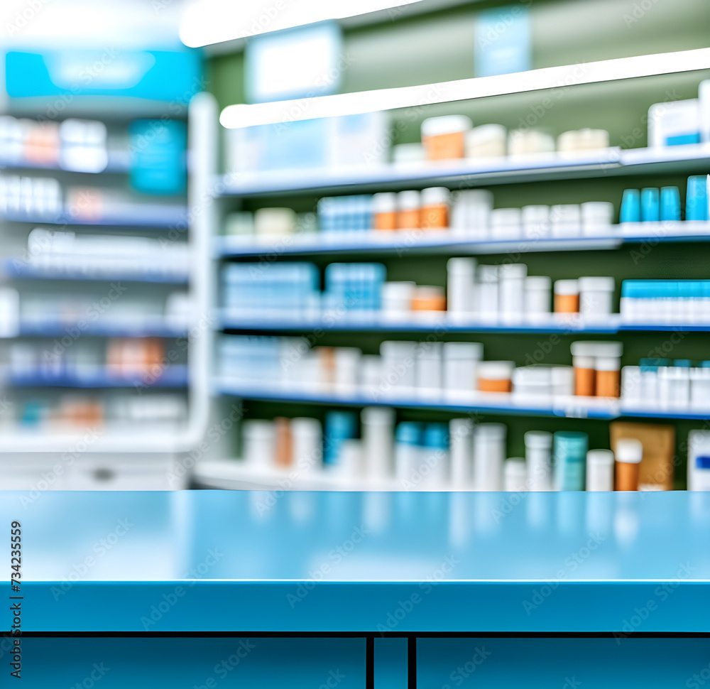 Blue counter with blurred pharmacy background. Table in the foreground for product display.