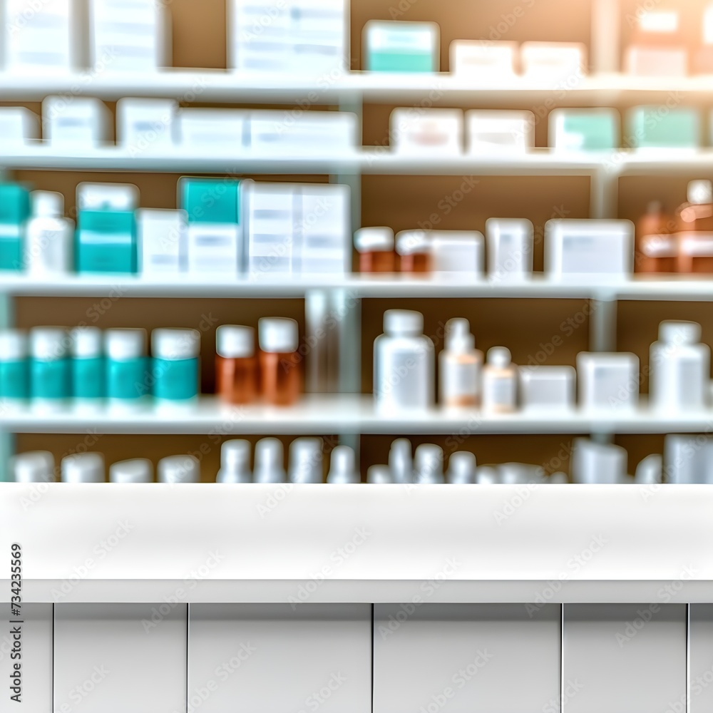 White counter with blurred pharmacy background. Table in the foreground for product display.