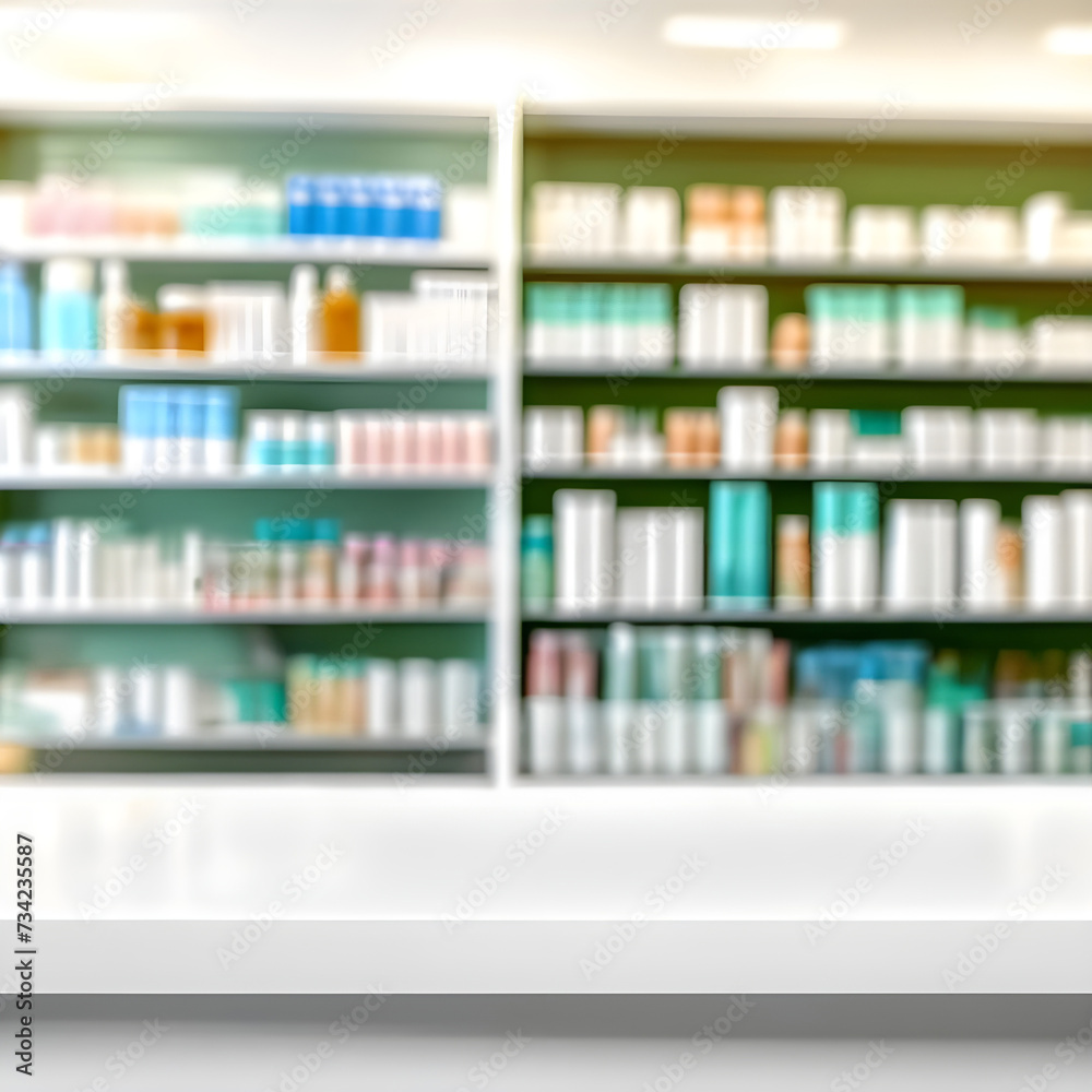 White counter with blurred pharmacy background. Table in the foreground for product display.