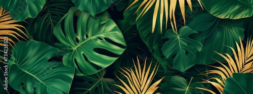 Pattern leaf background green plant tree abstract palm floral wallpaper flower foliage art jungle. Background luxury leaf pattern texture design line summer gold nature monstera fabric golden leaves © BackgroundWorld