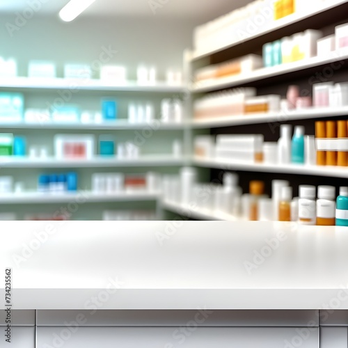White counter with blurred pharmacy background. Table in the foreground for product display. © wesleyyaya