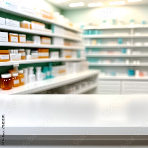 White counter with blurred pharmacy background. Table in the foreground for product display.